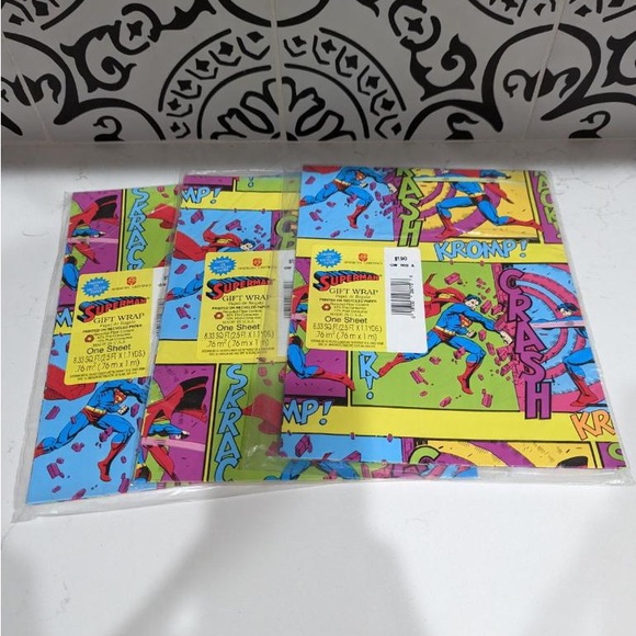 Vintage Lot of 3 Superman Gift Wrap One Sheet New - Picture 3 of 4